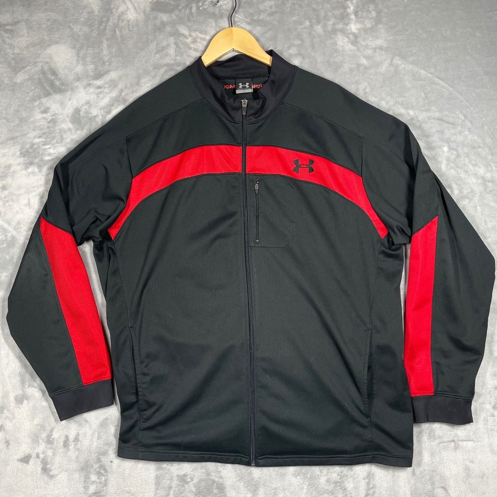 Under Armour Mens XL Full Zip Track Jacket Black Red Mesh Panel Mock Neck 3594